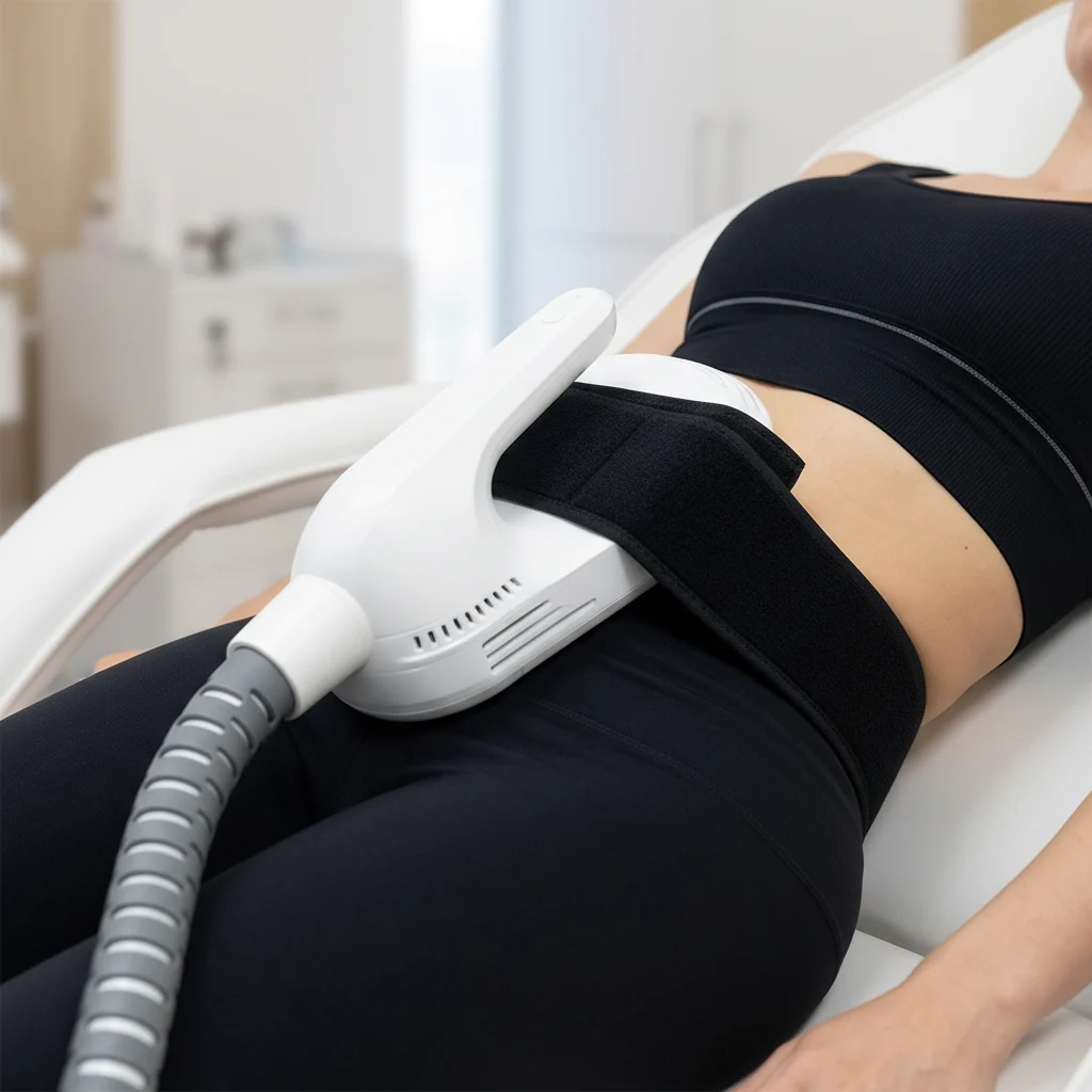 An electromagnetic applicator strapped over the midsection during a session